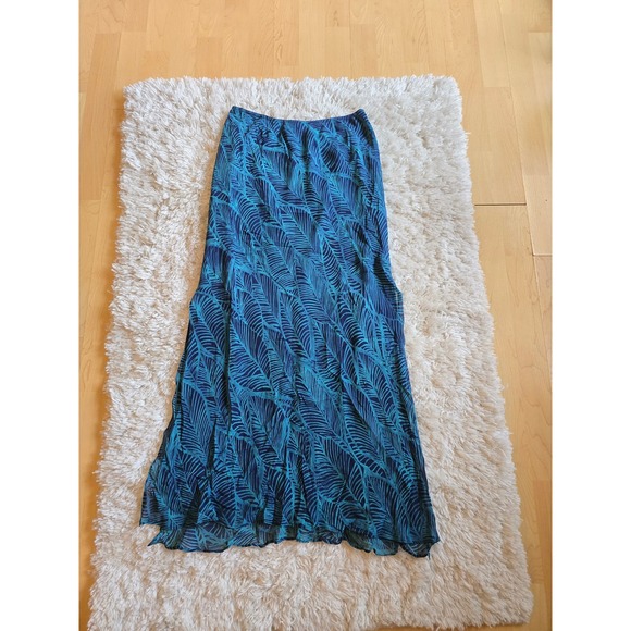 EXPRESS‎ Teal Navy Leaf Print Maxi Skirt Flowy Beach Vacation Resort Size S - Picture 8 of 10